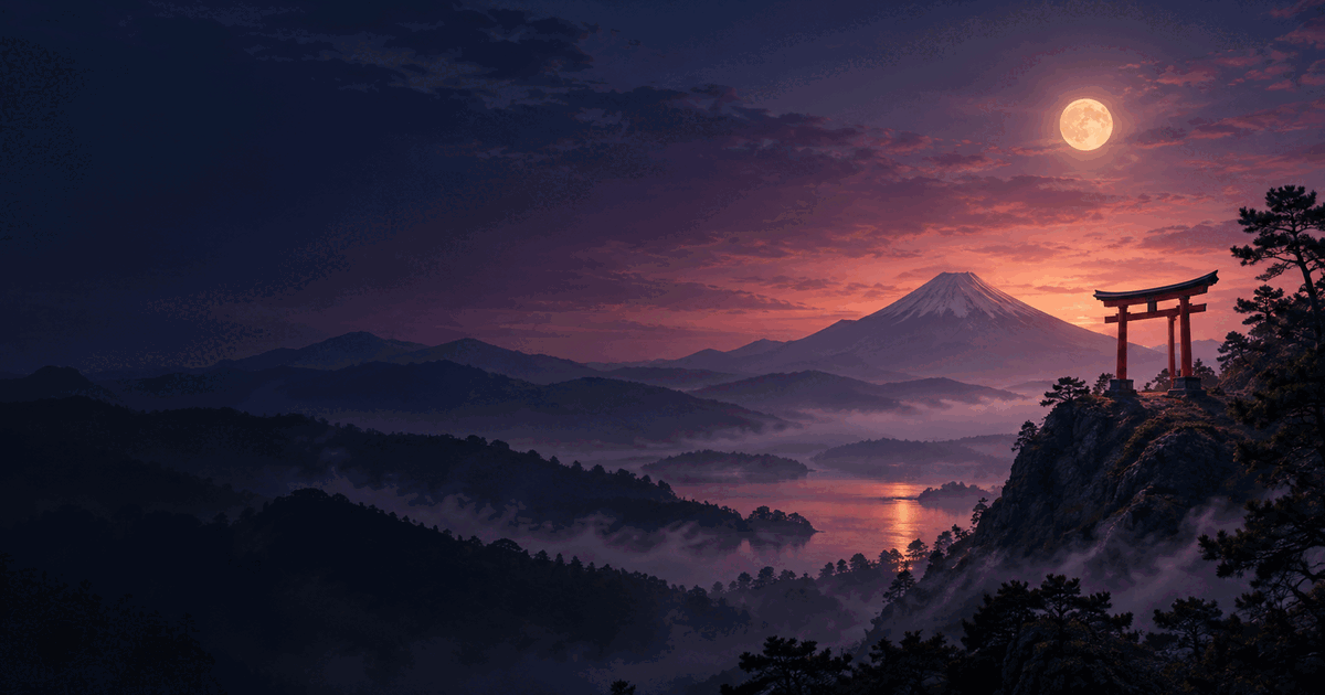 Mount Fuji and a torii gate above a misty lake at dusk