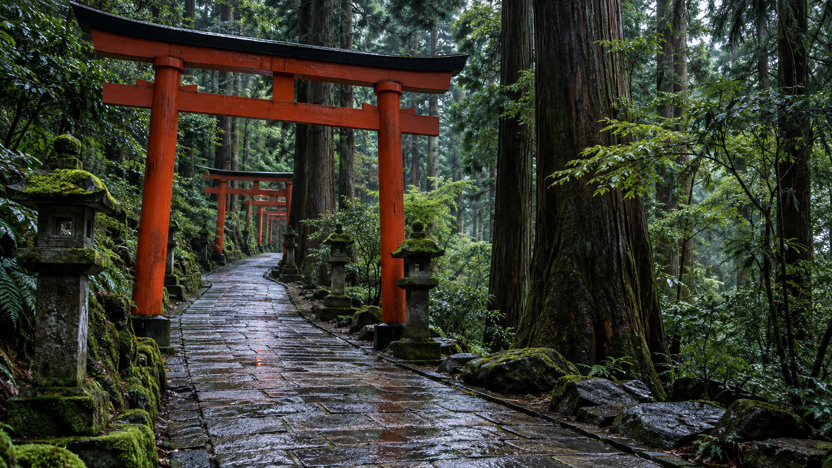 Red torii gates along a forest path