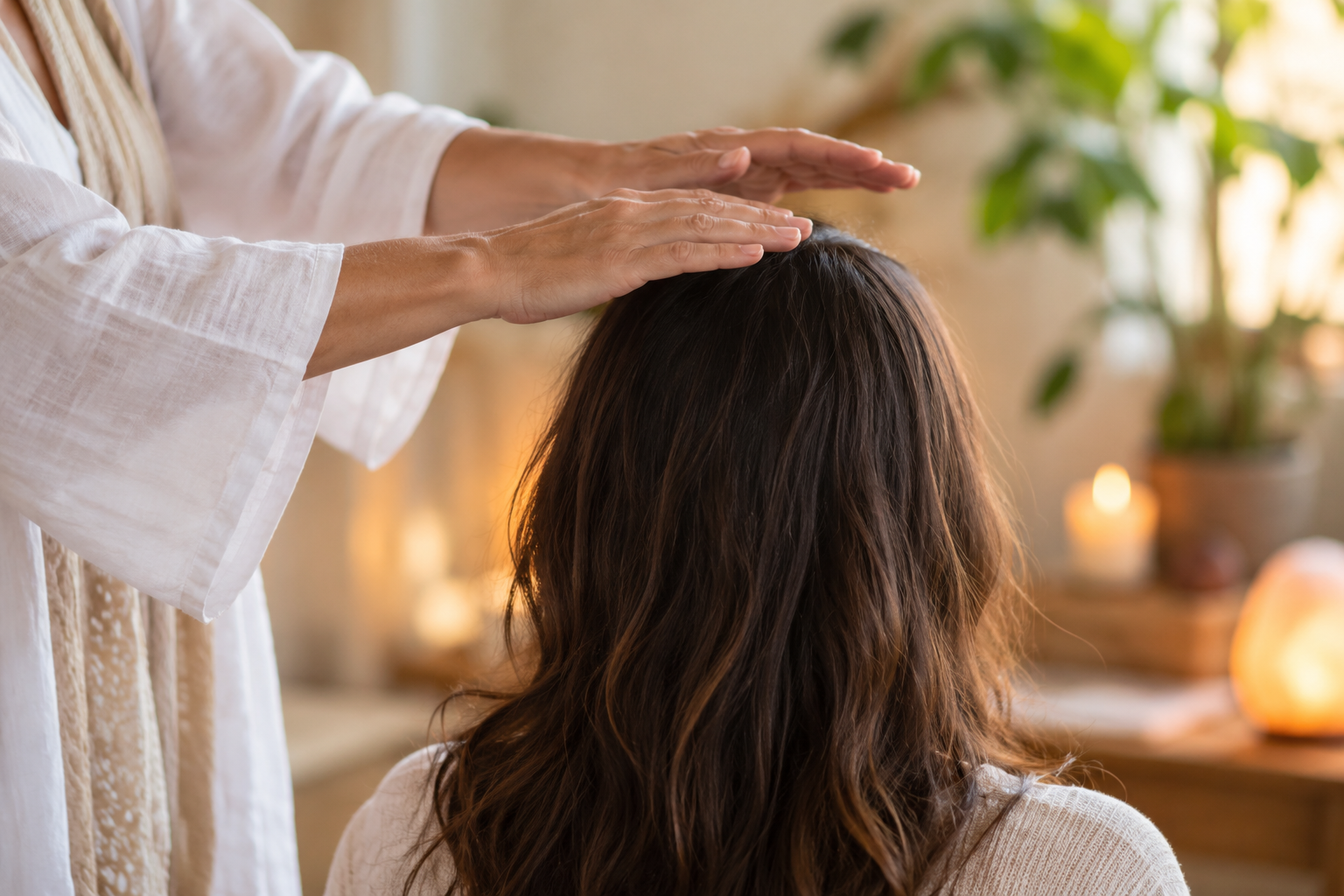 Hands held gently above a person's head during a Reiki session