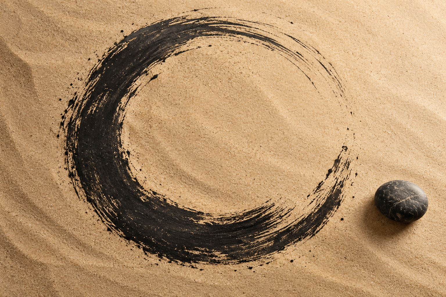 A circular ink brushstroke on sand beside a stone