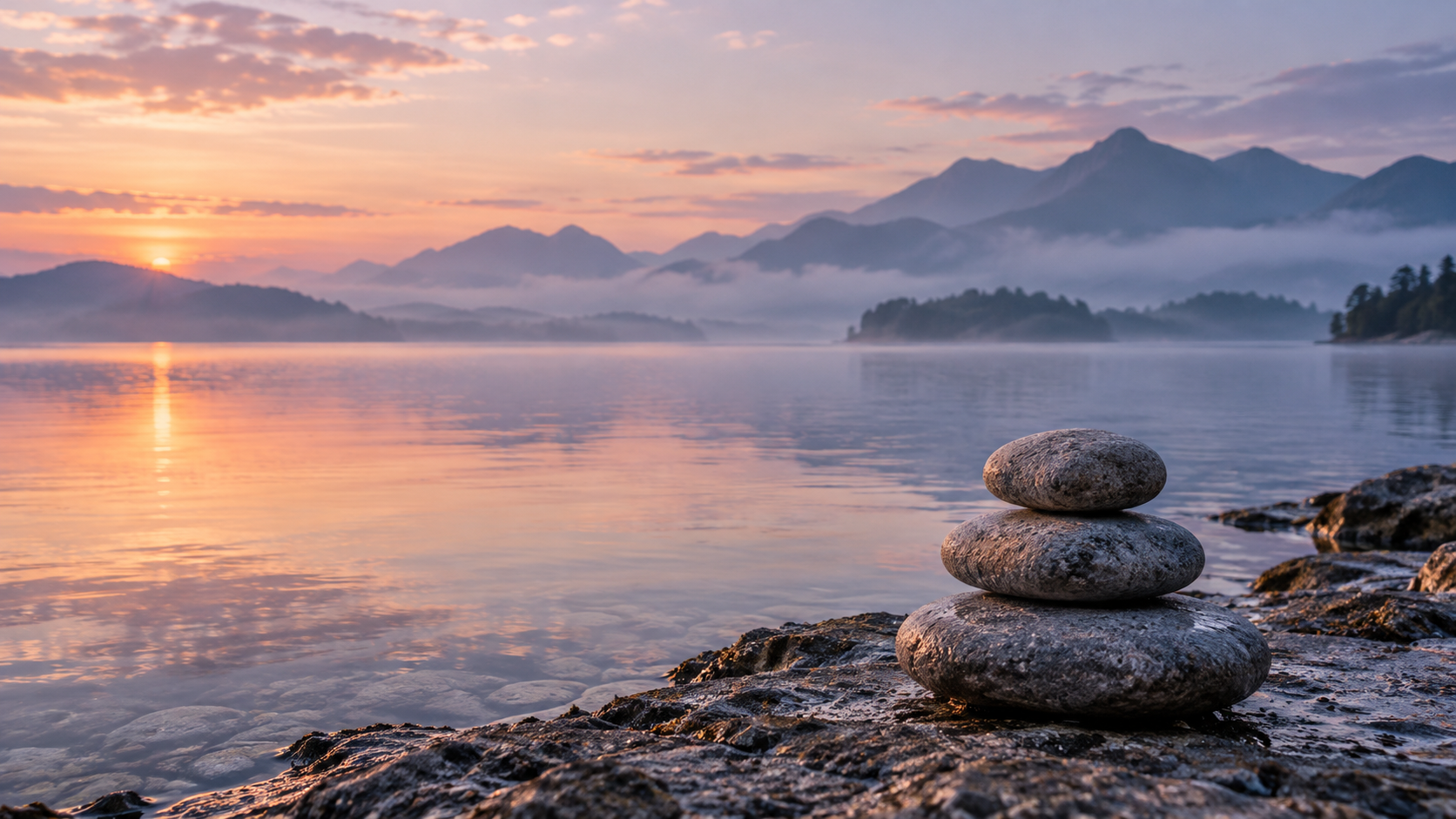 Balanced stones on a quiet lakeshore at sunrise