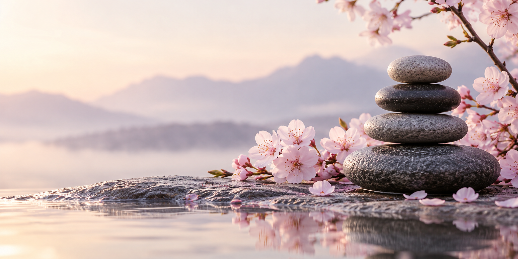 Balanced stones and cherry blossoms beside still water